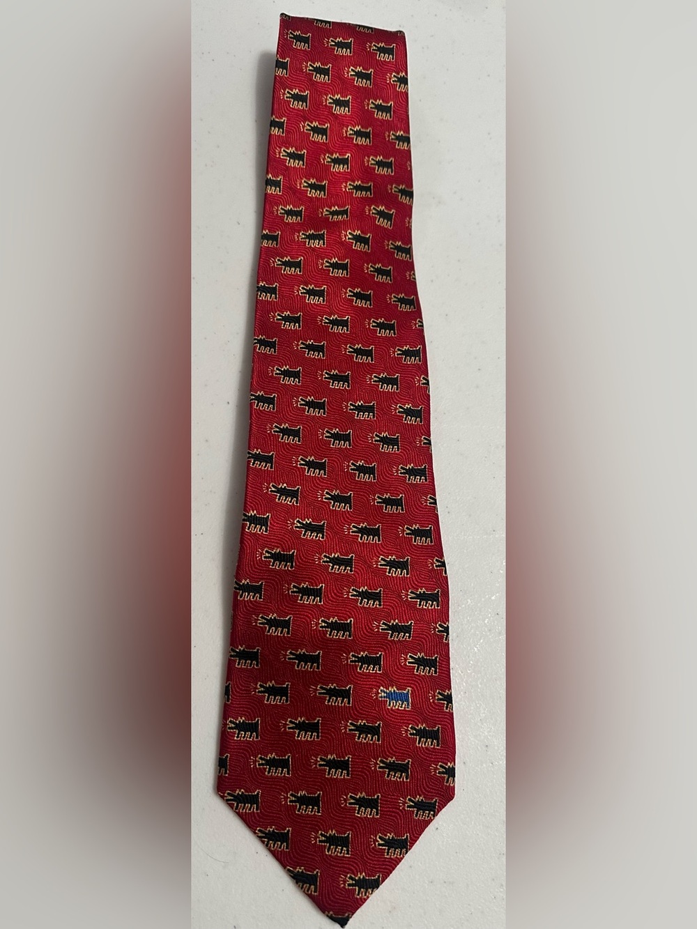 KEITH HARING RED Men's Tie with BLACK & GOLD Barking Dog Motif